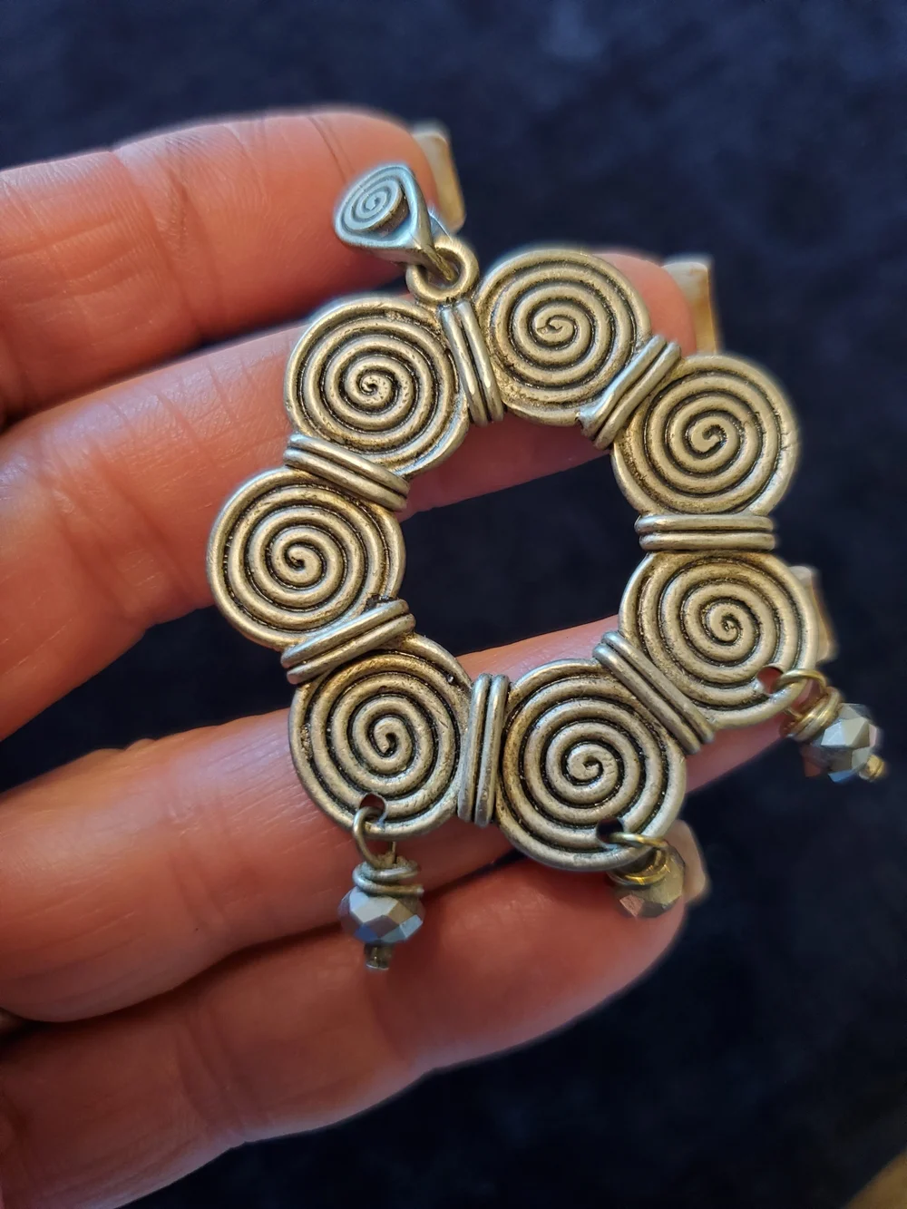Spiral Circle Silver Pewter Pendant with Dangle Beads